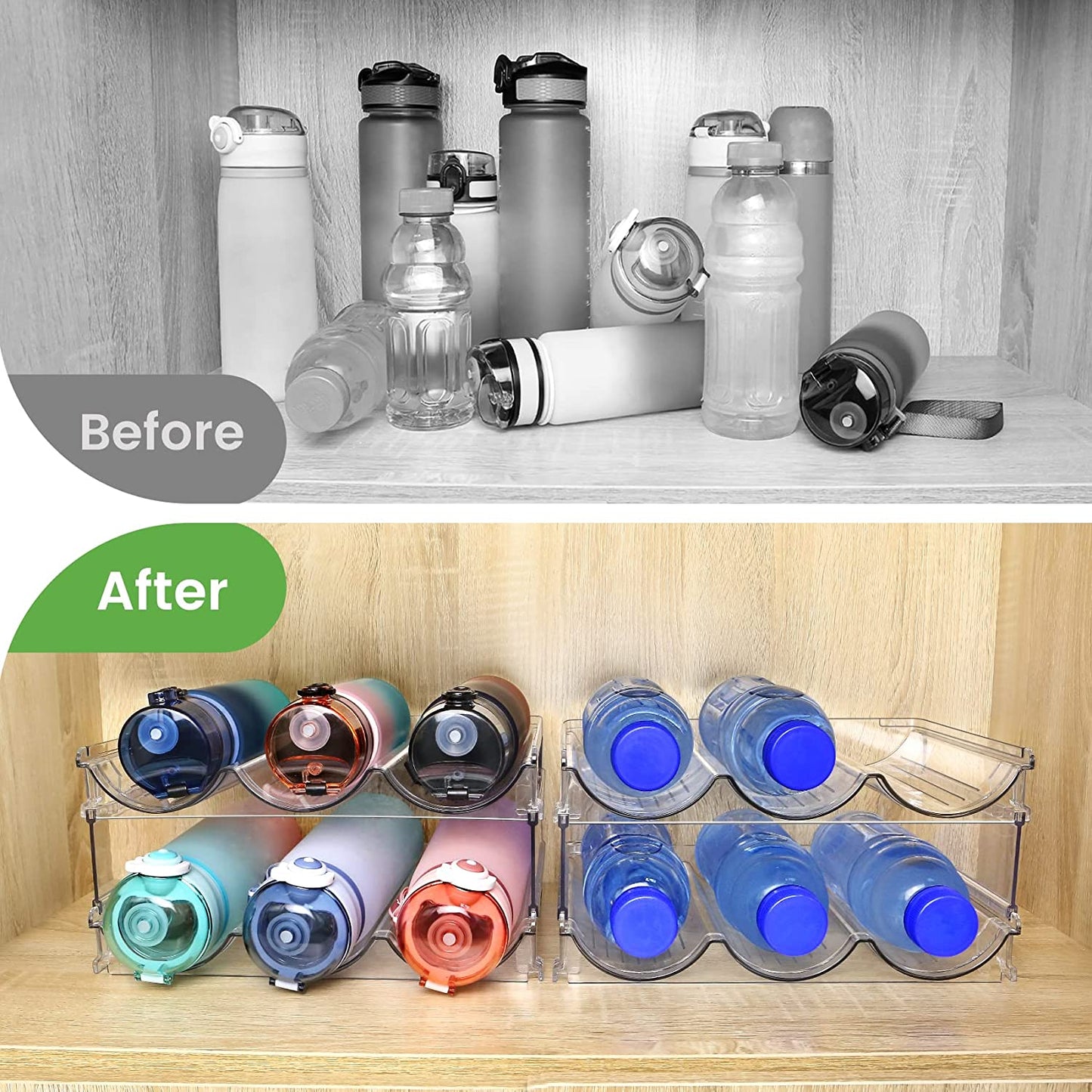 Maximize Your Space with Our Stackable Water Bottle Organizer - 2 Pack Clear Acrylic Storage Racks for Cabinets and Countertops