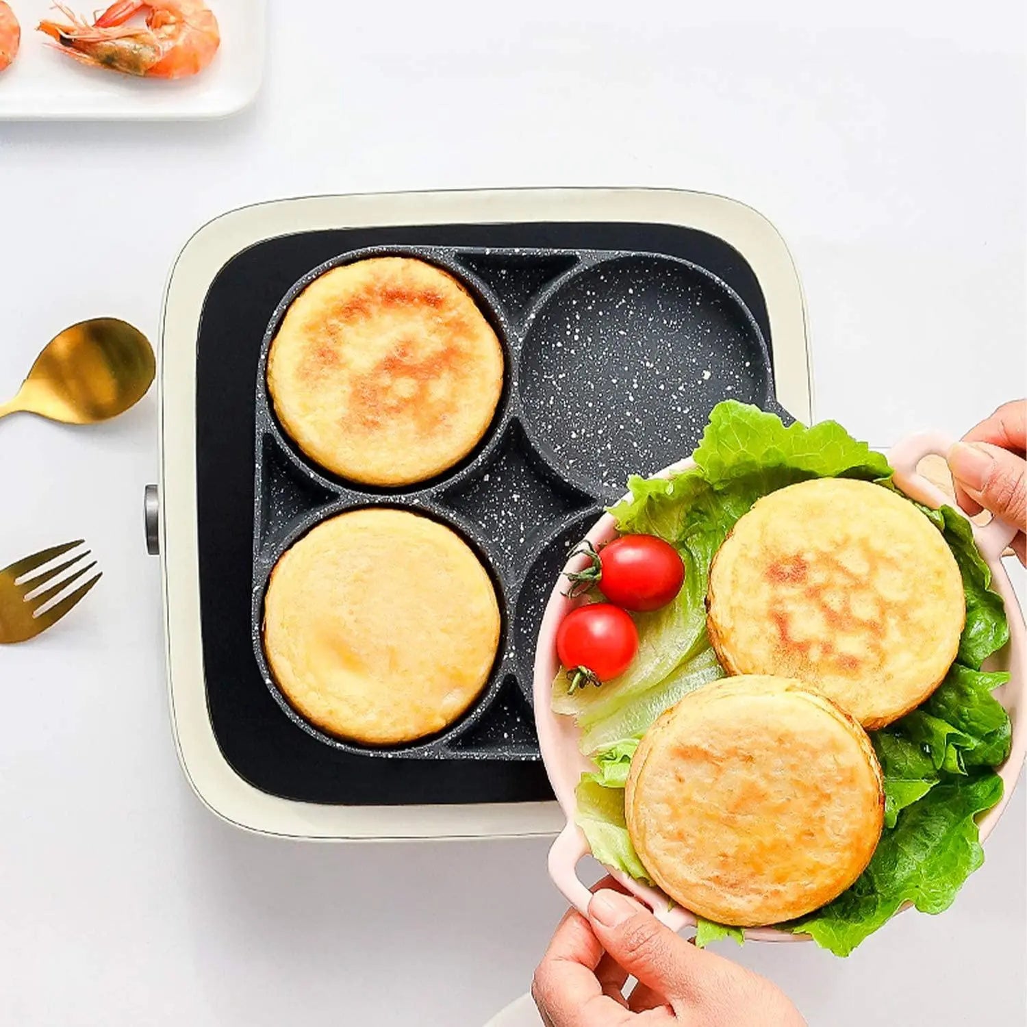 4-Hole Non-Stick Frying Pan - Household Egg Skillet with Wooden Handle - Easy-To-Clean Small Frying Skillet for Home Kitchen - Nonstick Cooking Tools, Cooking Pans, Ideal Birthday Gift #GLOBAL PICKS