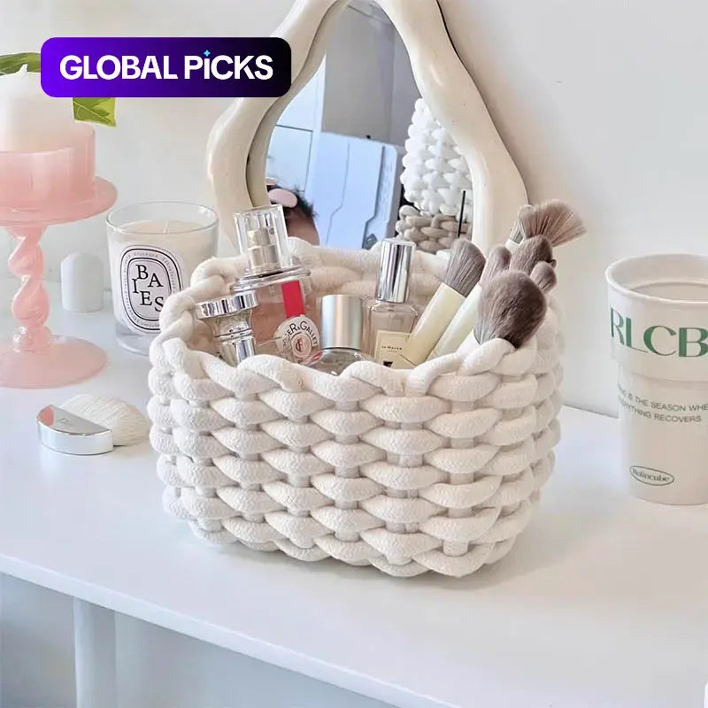 Woven Decorative Storage Basket - Stackable Organizer for Cosmetics, Snacks, and Home Decor in Bedroom, Living Room, Vanity, and Bathroom