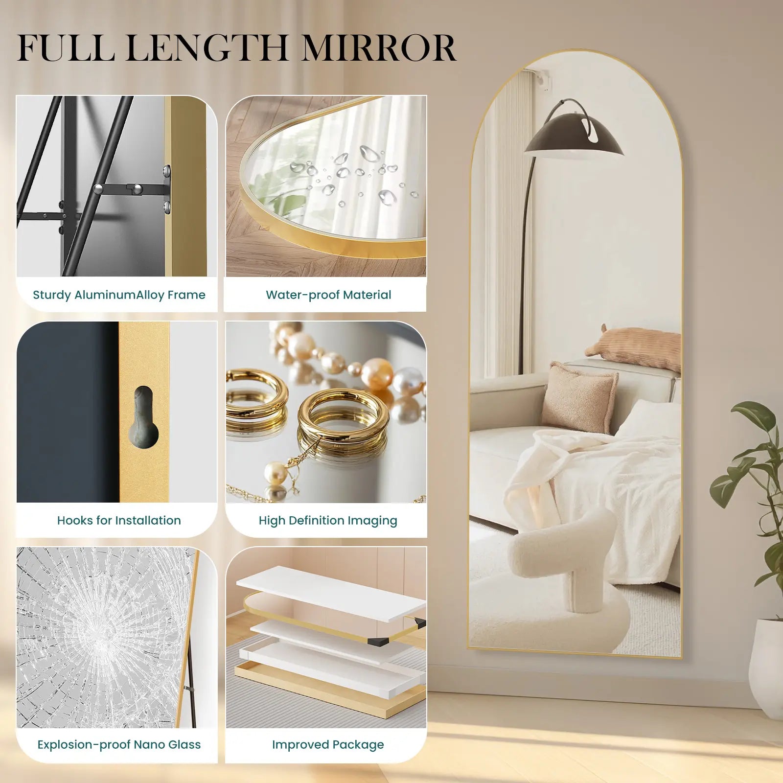 Furnichic Haven - Full Length Mirror with Stand Wall Mirror, Aluminum Frame Sturdy Structure, Room Decor Minimalist