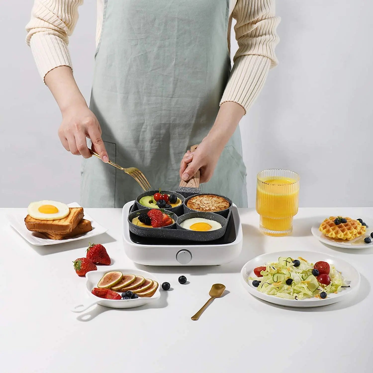 4-Hole Non-Stick Frying Pan - Household Egg Skillet with Wooden Handle - Easy-To-Clean Small Frying Skillet for Home Kitchen - Nonstick Cooking Tools, Cooking Pans, Ideal Birthday Gift #GLOBAL PICKS
