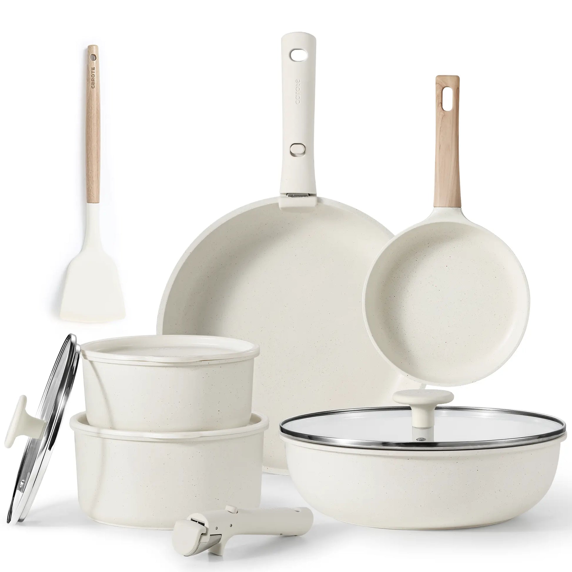 CAROTE 12-Piece Induction Cookware Set with Removable Handle - Non-Stick, Oven Safe Pots and Pans in Stylish Black/White