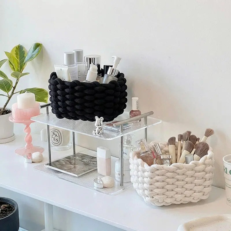 Woven Decorative Storage Basket - Stackable Organizer for Cosmetics, Snacks, and Home Decor in Bedroom, Living Room, Vanity, and Bathroom