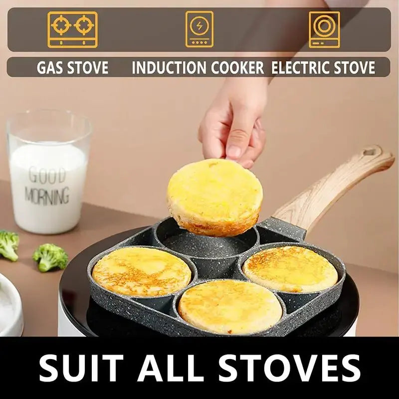 4-Hole Non-Stick Frying Pan - Household Egg Skillet with Wooden Handle - Easy-To-Clean Small Frying Skillet for Home Kitchen - Nonstick Cooking Tools, Cooking Pans, Ideal Birthday Gift #GLOBAL PICKS