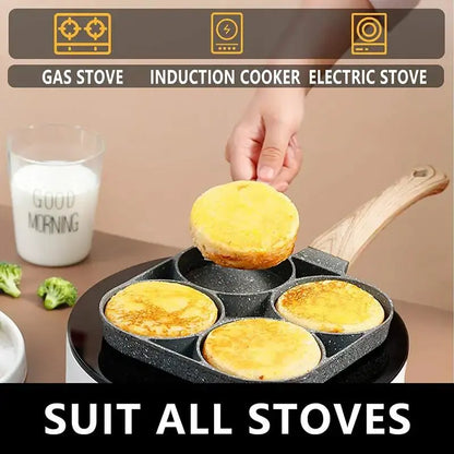 4-Hole Non-Stick Frying Pan - Household Egg Skillet with Wooden Handle - Easy-To-Clean Small Frying Skillet for Home Kitchen - Nonstick Cooking Tools, Cooking Pans, Ideal Birthday Gift #GLOBAL PICKS