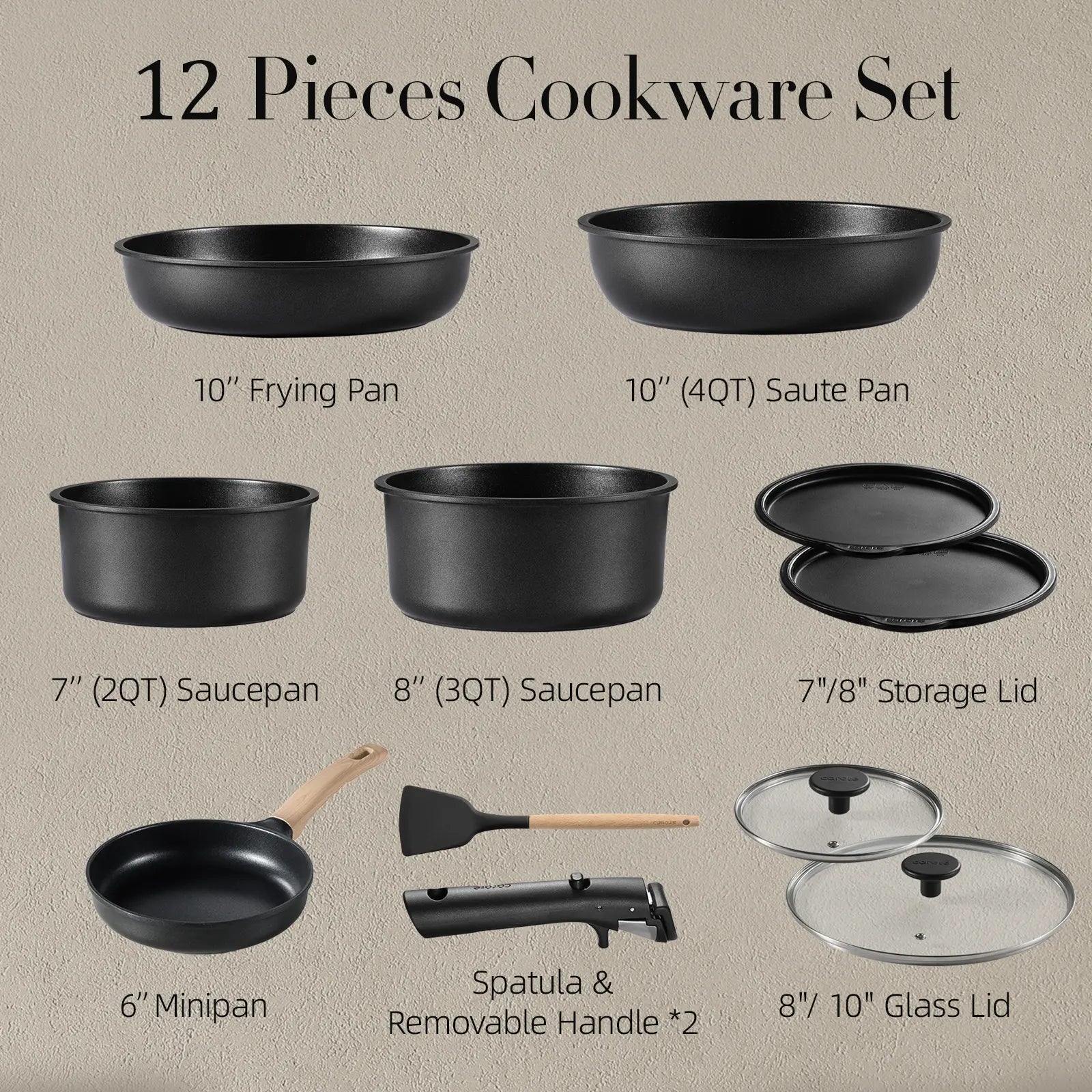 CAROTE 12-Piece Induction Cookware Set with Removable Handle - Non-Stick, Oven Safe Pots and Pans in Stylish Black/White