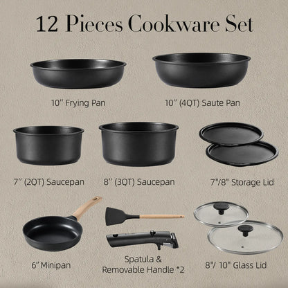 CAROTE 12-Piece Induction Cookware Set with Removable Handle - Non-Stick, Oven Safe Pots and Pans in Stylish Black/White