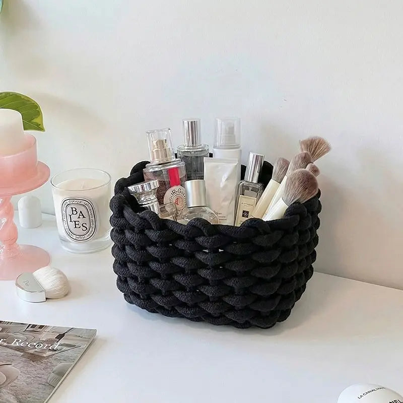Woven Decorative Storage Basket - Stackable Organizer for Cosmetics, Snacks, and Home Decor in Bedroom, Living Room, Vanity, and Bathroom