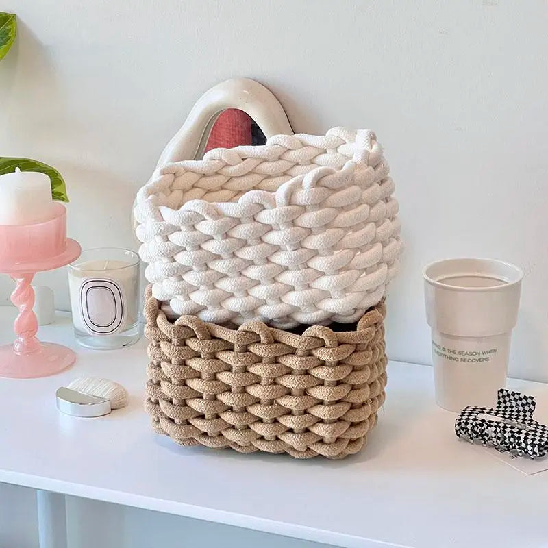Woven Decorative Storage Basket - Stackable Organizer for Cosmetics, Snacks, and Home Decor in Bedroom, Living Room, Vanity, and Bathroom