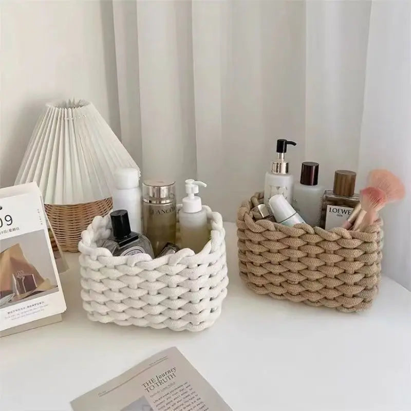 Woven Decorative Storage Basket - Stackable Organizer for Cosmetics, Snacks, and Home Decor in Bedroom, Living Room, Vanity, and Bathroom