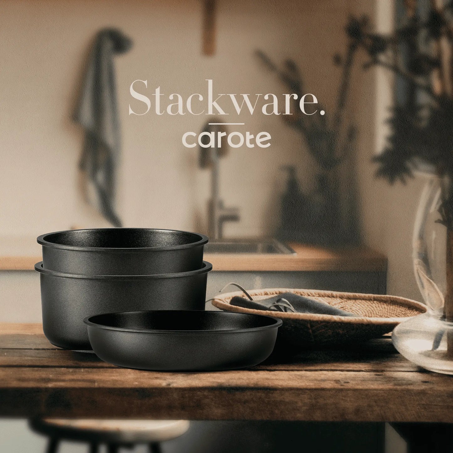 CAROTE 12-Piece Induction Cookware Set with Removable Handle - Non-Stick, Oven Safe Pots and Pans in Stylish Black/White