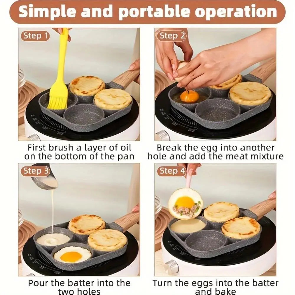 4-Hole Non-Stick Frying Pan - Household Egg Skillet with Wooden Handle - Easy-To-Clean Small Frying Skillet for Home Kitchen - Nonstick Cooking Tools, Cooking Pans, Ideal Birthday Gift #GLOBAL PICKS
