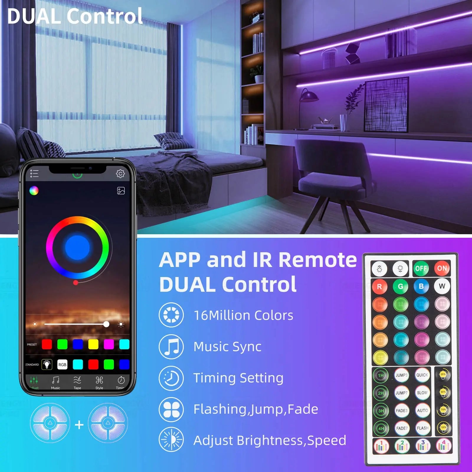 200FT Led Strip Lights RGB Music Sync for Bedroom ,More 100Ft 50Ft Bluetooth Christmas Lights with Smart App and Remote Control Indoor Lighting, for Room Decorating Party Decor