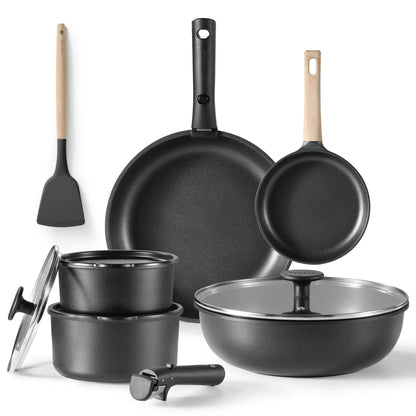 CAROTE 12-Piece Induction Cookware Set with Removable Handle - Non-Stick, Oven Safe Pots and Pans in Stylish Black/White