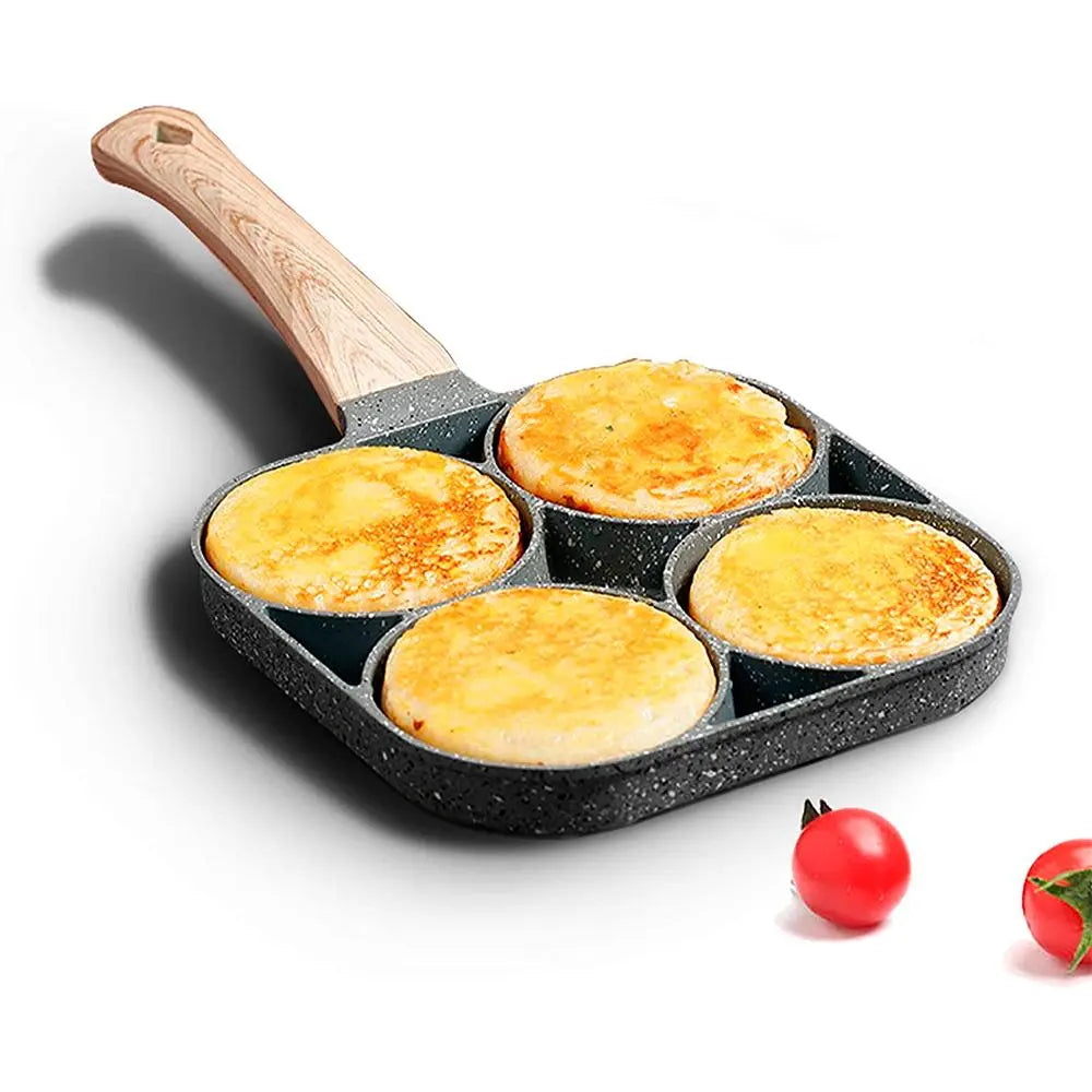 4-Hole Non-Stick Frying Pan - Household Egg Skillet with Wooden Handle - Easy-To-Clean Small Frying Skillet for Home Kitchen - Nonstick Cooking Tools, Cooking Pans, Ideal Birthday Gift #GLOBAL PICKS