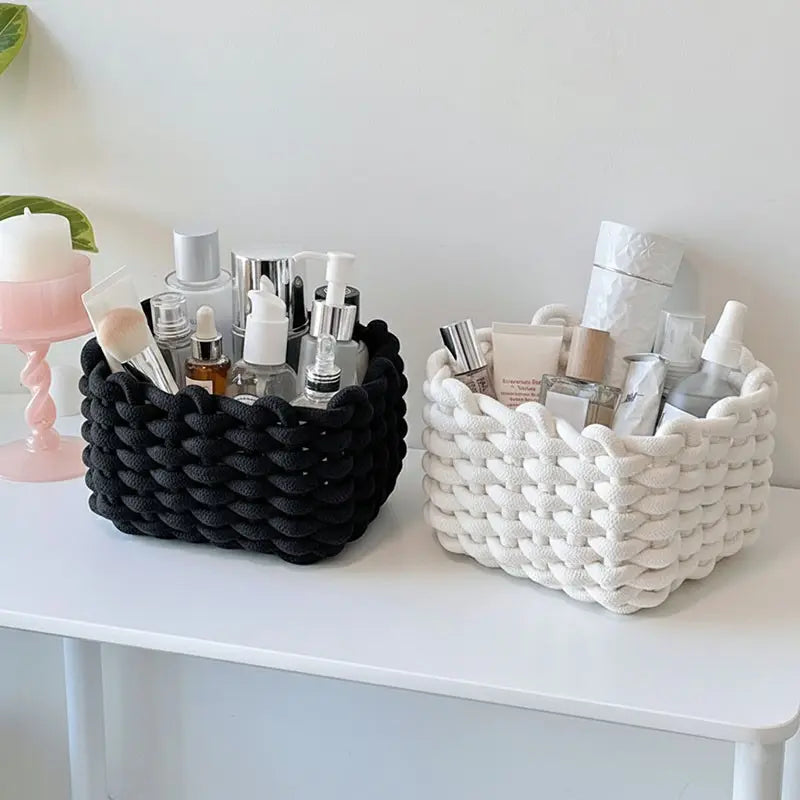 Woven Decorative Storage Basket - Stackable Organizer for Cosmetics, Snacks, and Home Decor in Bedroom, Living Room, Vanity, and Bathroom