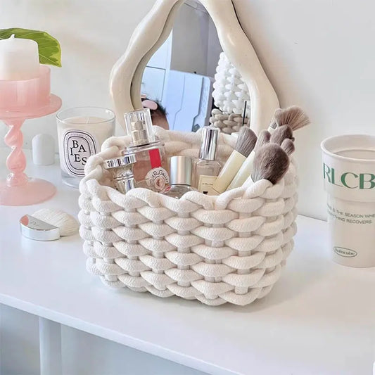 Woven Decorative Storage Basket - Stackable Organizer for Cosmetics, Snacks, and Home Decor in Bedroom, Living Room, Vanity, and Bathroom